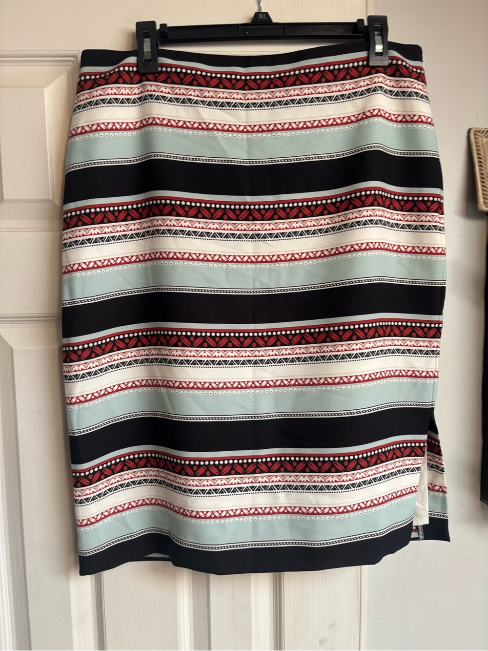 Baby Blue and Red Striped Pencil Midi Skirt
